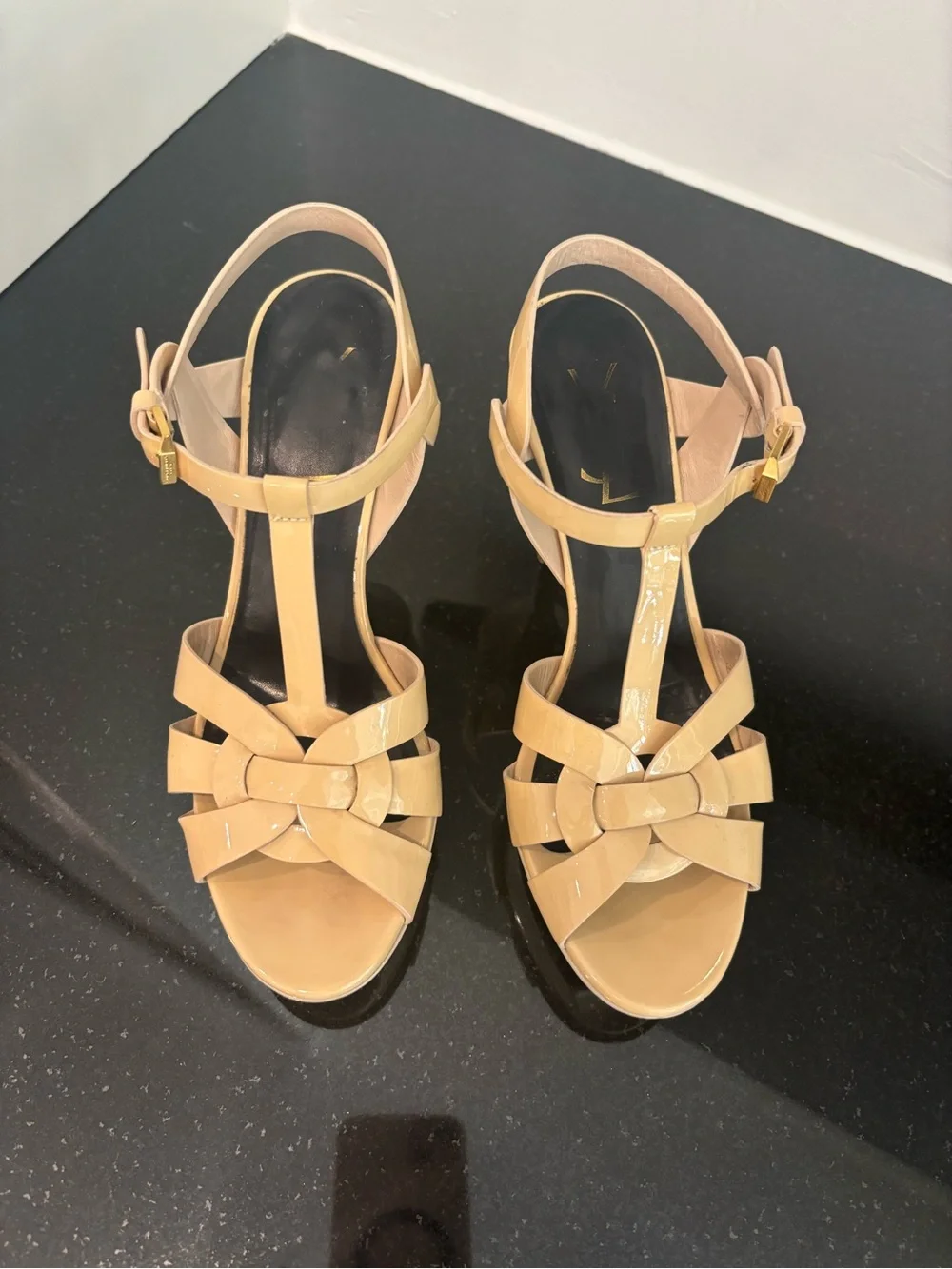 Saint Laurent Nude Patent Leather Woven T-Strap Sandals